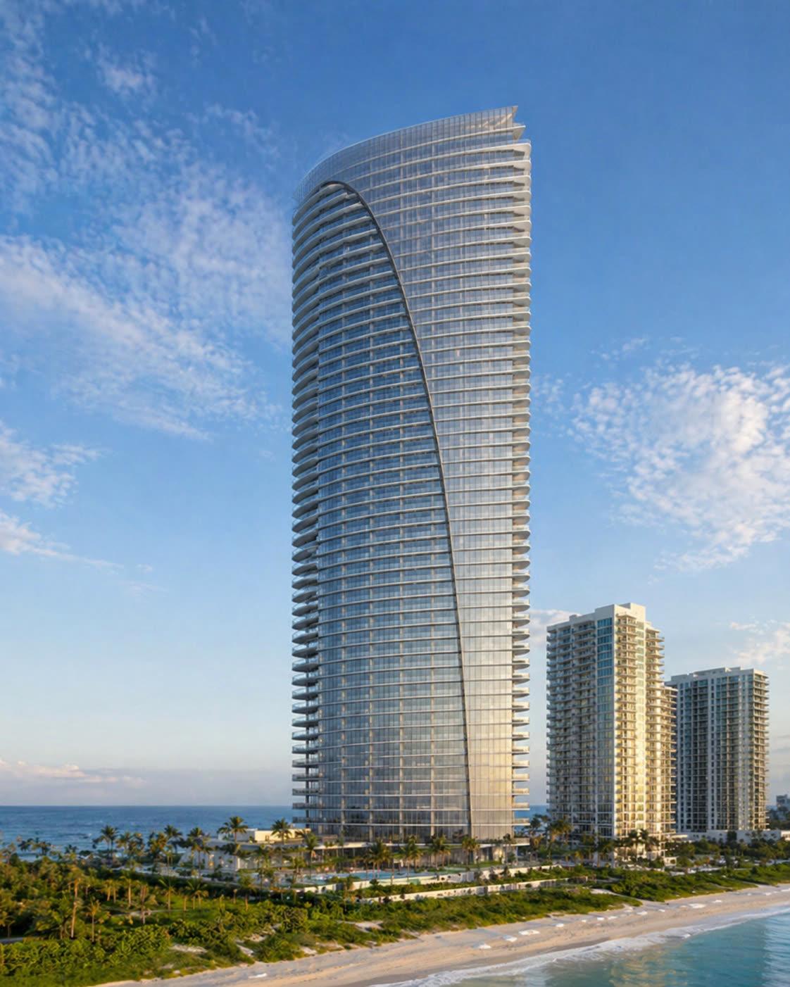 Armani Casa Residences curved glass tower exterior, Sunny Isles Beach