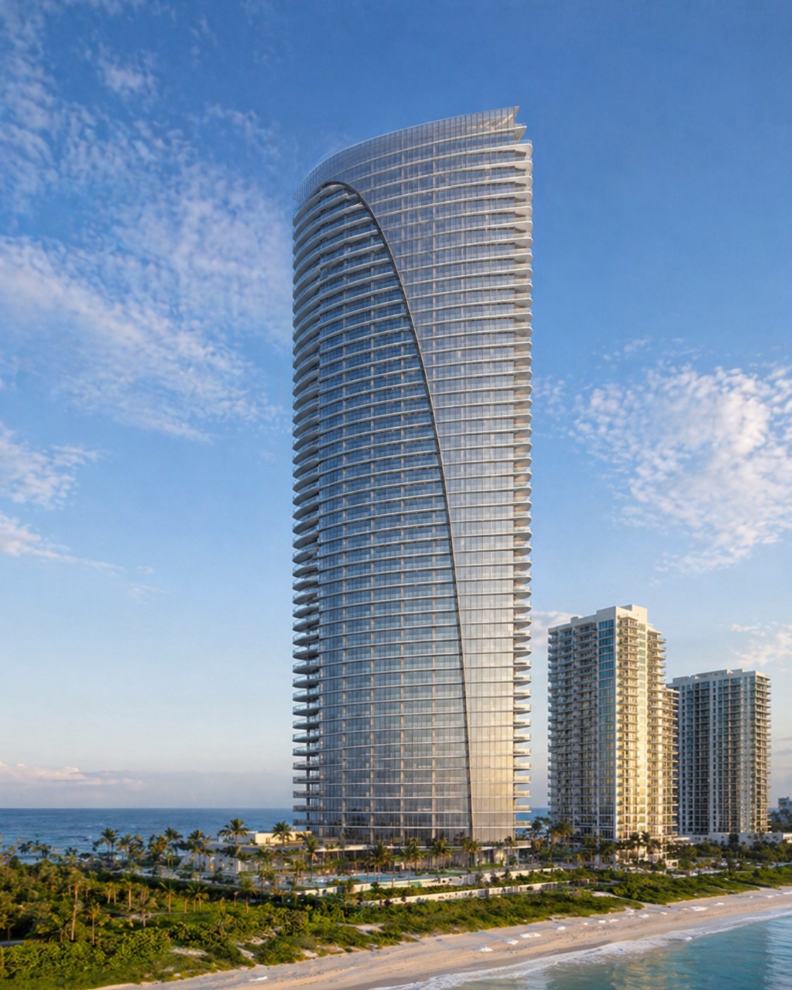 Armani Casa Residences curved glass tower exterior, Sunny Isles Beach